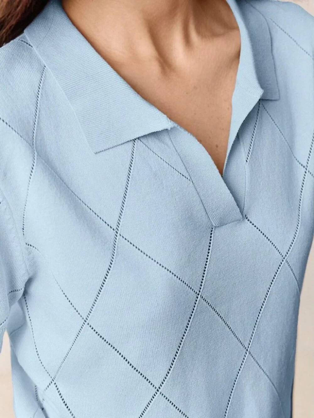 Sky Blue Knit Polo Sweater with Argyle Pointelle Detail